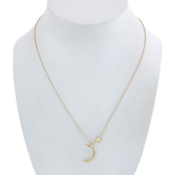 Sterling Silver Gold Tone Crescent Moon Star Cubic Zirconia Necklace 15.75-17.5" - Picture 2 of 5